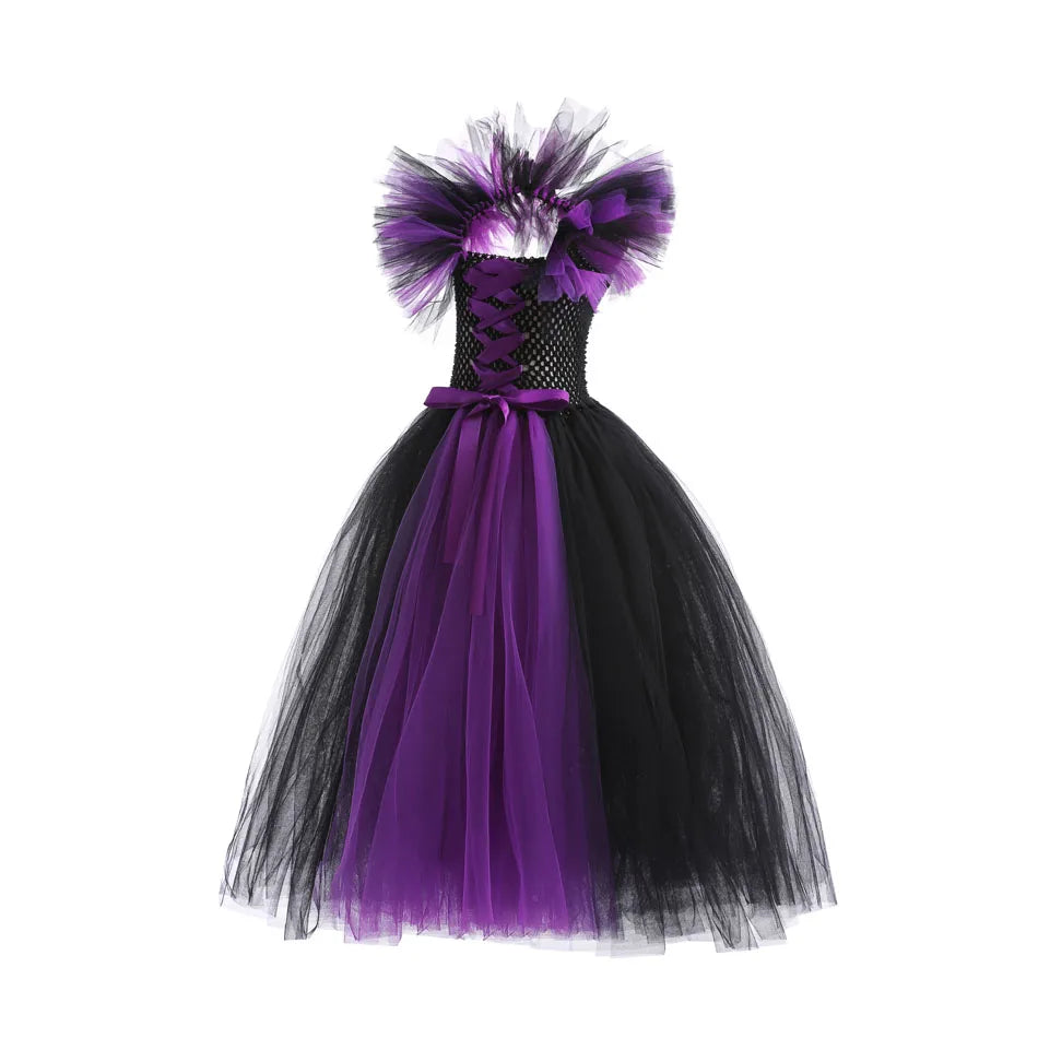 Maleficent Neck Dress Girls Halloween Theme Cosplay Costume Handmade Woven Tulle Dress Evil Role Playing Outfits Luxury Gown