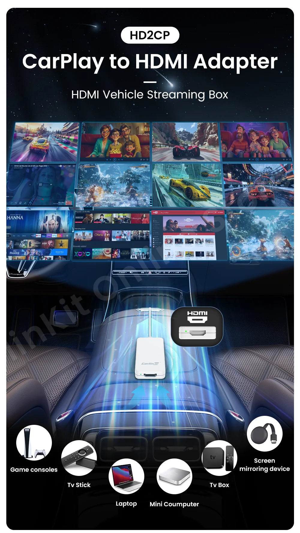 Carlinkit HD2CP Carplay to HDMI Adapter Work for Wired Carplay Xbox Switch Tv Stick Laptop Screen Mirroring Adapter Tv Box