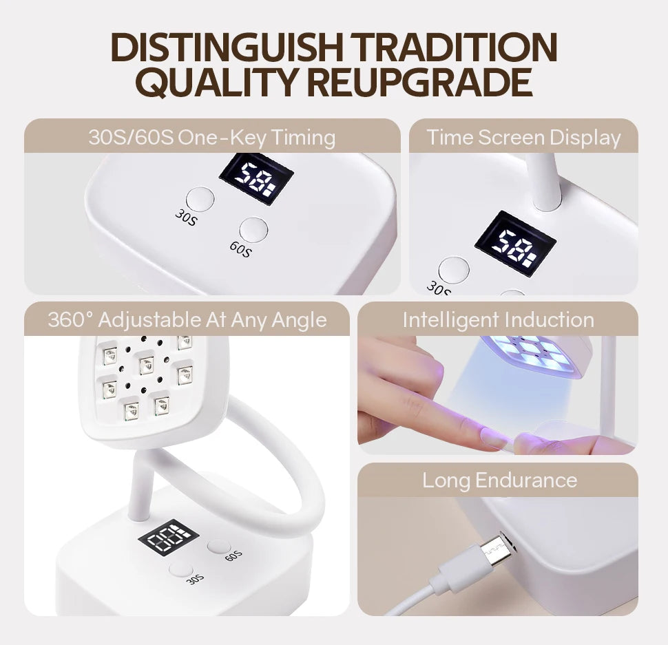 Mini 27W Nail Lamp  9 LEDS  Rechargeable Auto Sensing Touch Control Fast Drying Nail Light 360° Bendable Table Lamp