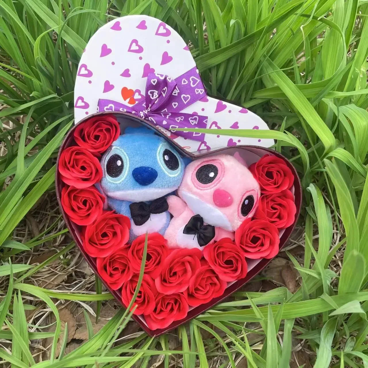 Color: PURPLE - Disney Cartoon Lilo Stitch Plush Doll Toys Rose Bouquet Gift Box Stitch Flower Bouquet Home Decoration Valentine Christmas Gifts