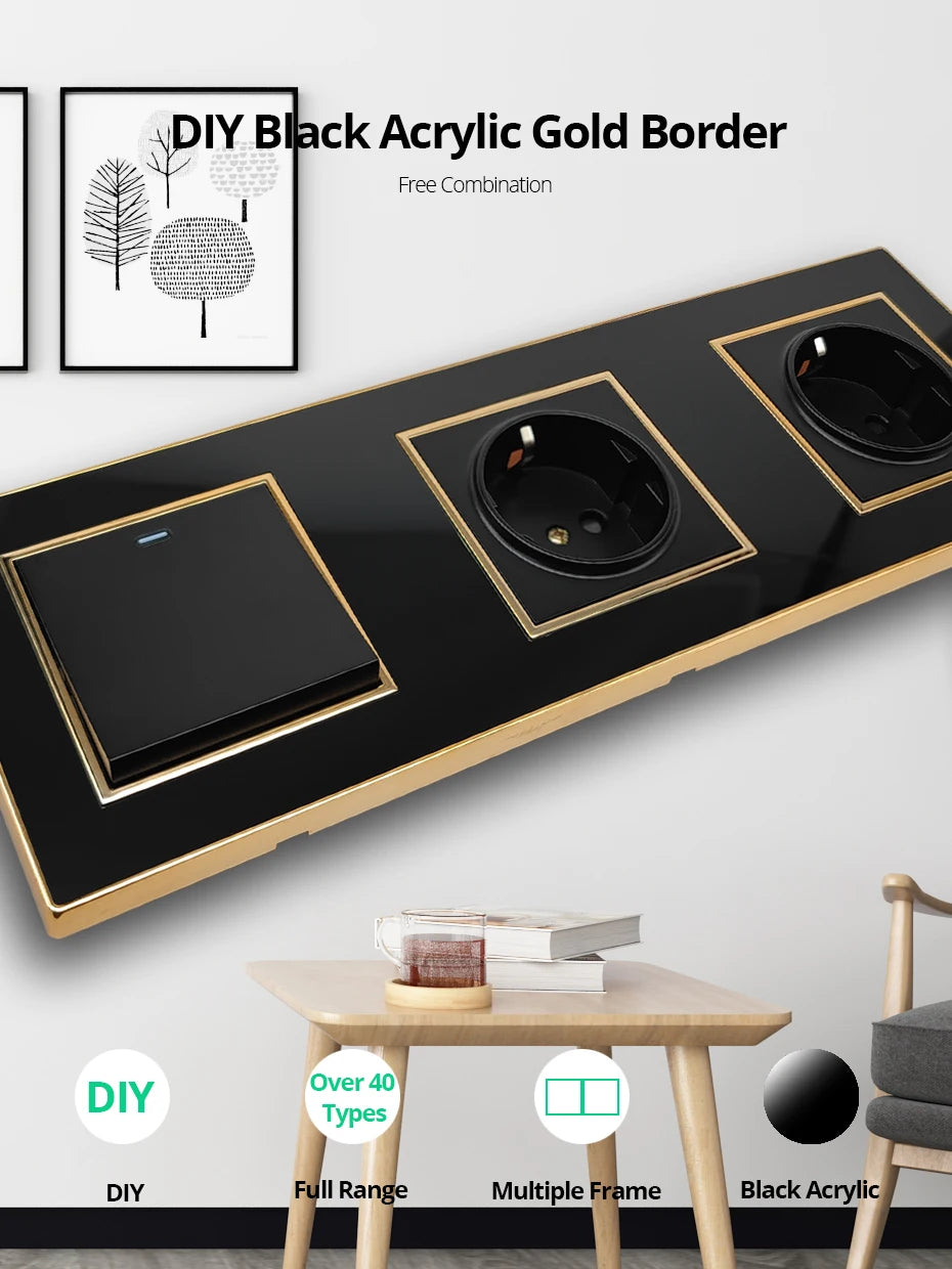 Wallpad Black DIY Module Acrylic Panel With Gold Border Wall Power Socket Electrical Outlet S6 Function Key Free Combination