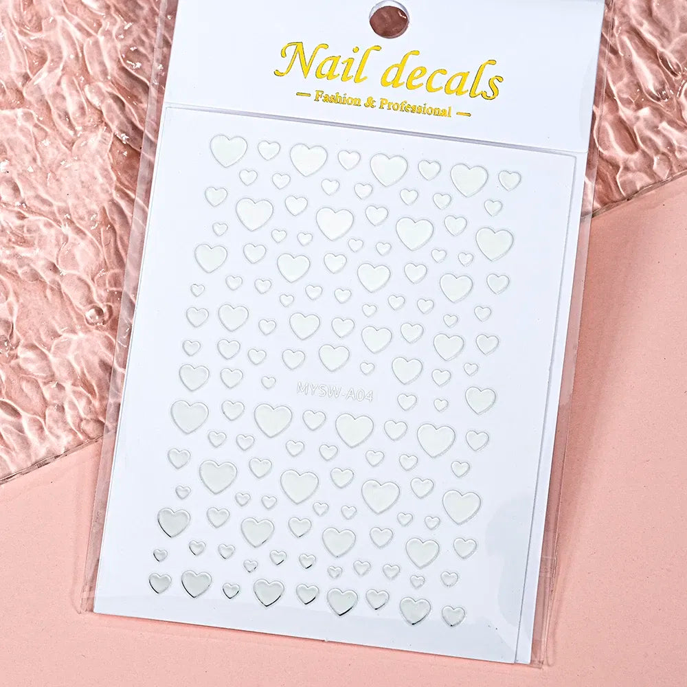 Color: WHITE - 1Pcs 3D Heart Love Nail Sticker Laser Colorful Self-Adhesive Slider Decals 8*10cm Valentines Day Sticker for Nail Decorations #N