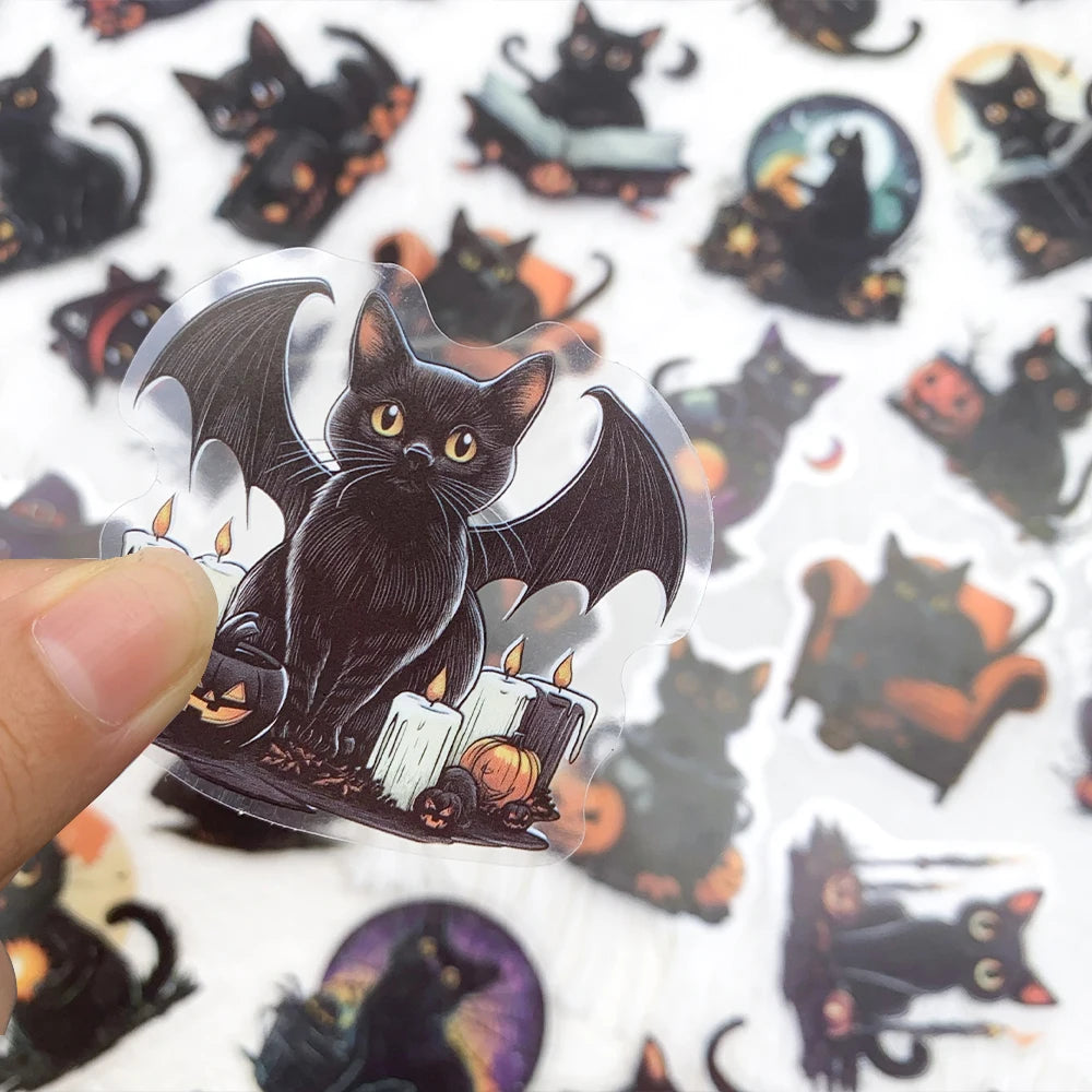 50pcs Halloween Black Cat PET Stickers Decals For Laptop Wall Suitcase Skateboard DIY Aesthetic Stickers Creative Festival Gifts