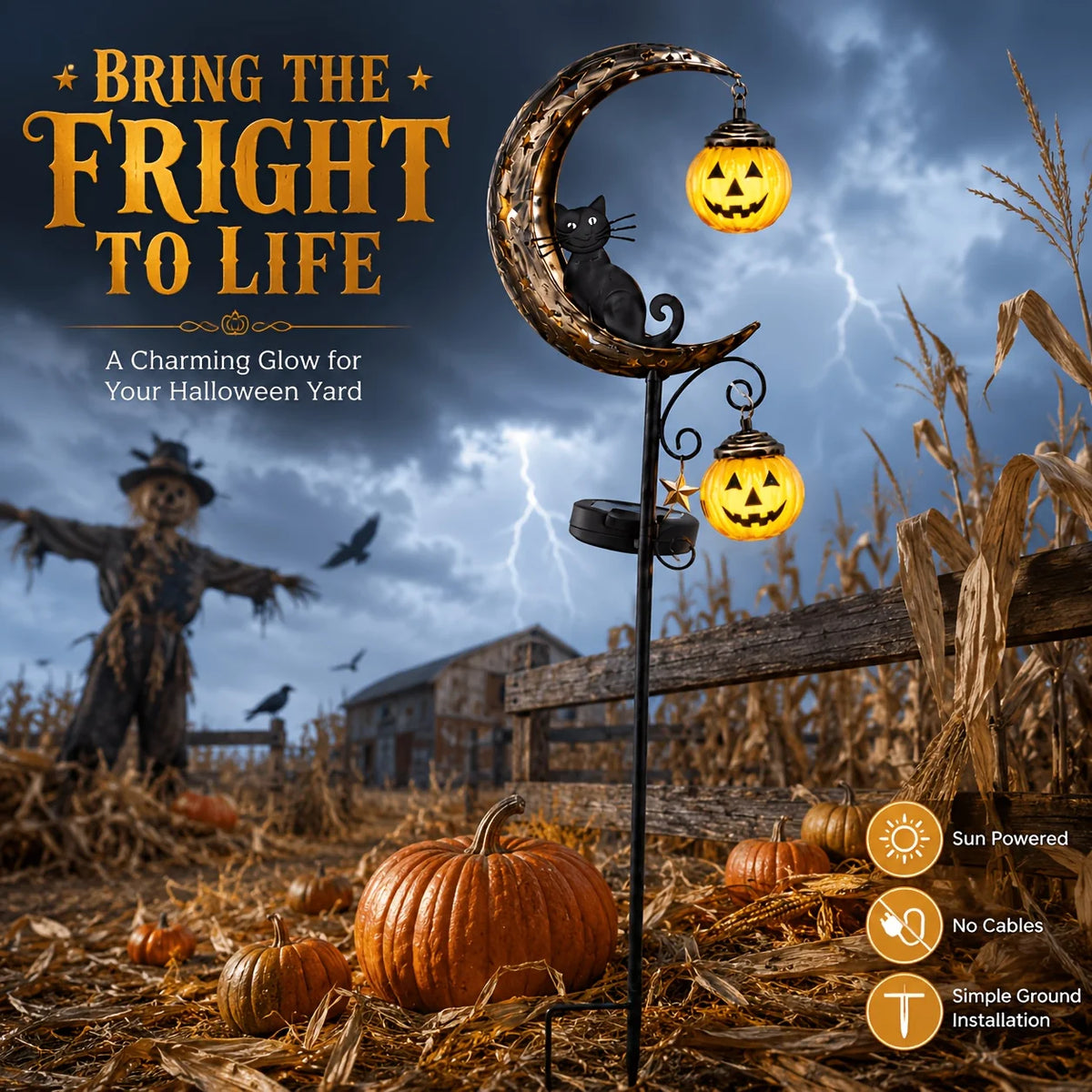 For Halloween Solar Garden Stake Lights, Crescent Moon Black Cat Double Pumpkin Lantern LED Path Light, Auto On/Off Warm Spooky Glow Jack O Lantern Yard Lawn Patio Decor, Rustic Iron Weather Resistant Outdoor Ornament for Hal