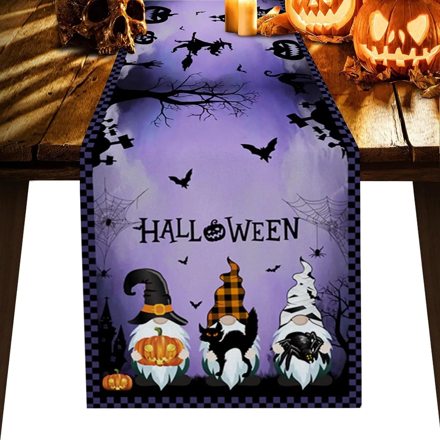 Halloween Gnome Pumpkin Linen Table Runners Black Cat Castle in Purple Spooky Nights Holiday Party Kitchen Dining Table Decor