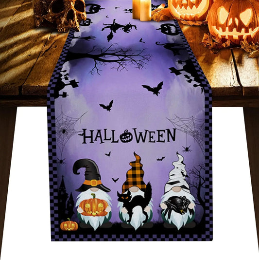 Halloween Gnome Pumpkin Linen Table Runners Black Cat Castle in Purple Spooky Nights Holiday Party Kitchen Dining Table Decor