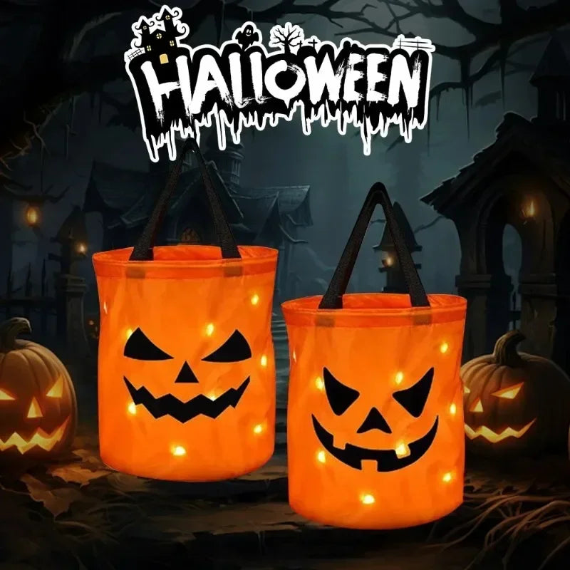 LED Glowing Pumpkin Candy Bag Reusable Halloween Christmas Treat Bag Battery Powered Light for Holiday Candy Exchange Christmas Gift