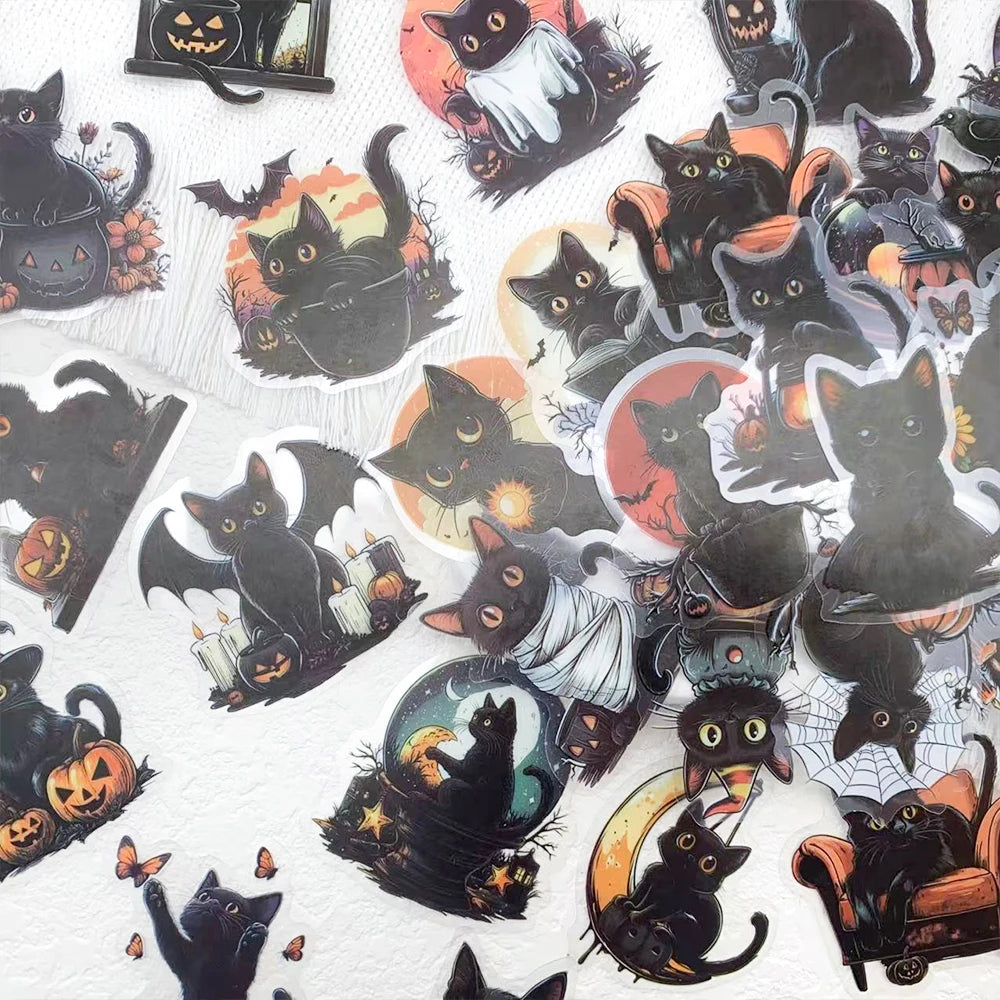 50pcs Halloween Black Cat PET Stickers Decals For Laptop Wall Suitcase Skateboard DIY Aesthetic Stickers Creative Festival Gifts