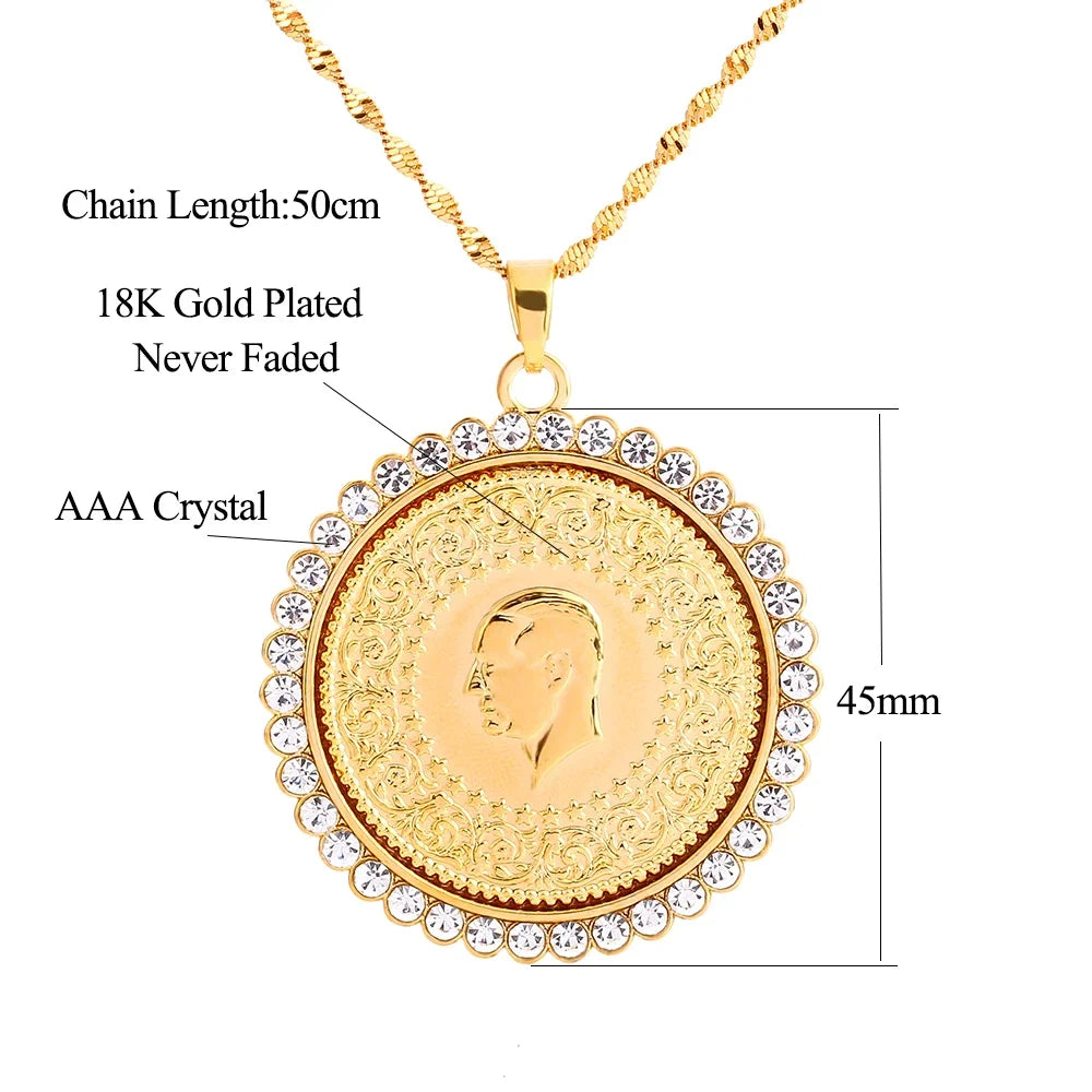 Never Faded Big Size Turkey Coin Pendant & Necklaces with AAA Crystal for Women Gold Color Turkish Coins Jewelry Ethnic Gifts