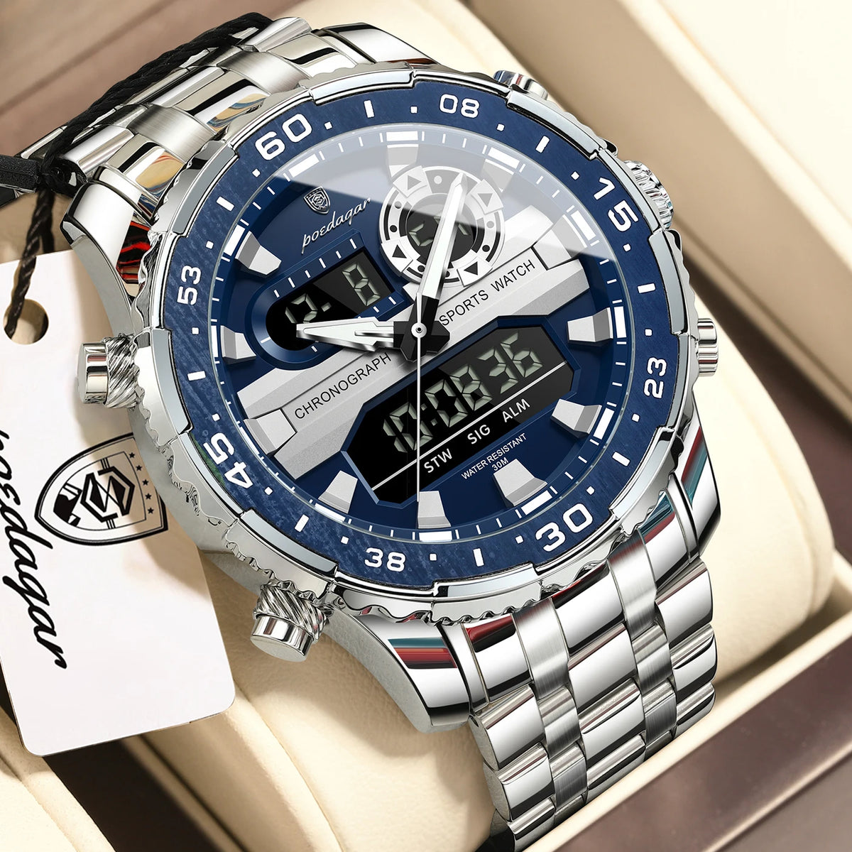 POEDAGAR Functional Electronic Man Wristwatch Week Date LED Luminous Oversized Fashion Quartz Men Watch Dual Time Digital Military Men's Watches Reloj