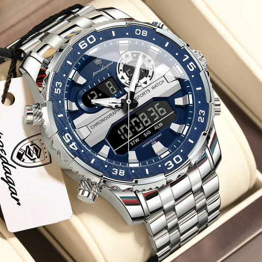 POEDAGAR Functional Electronic Man Wristwatch Week Date LED Luminous Oversized Fashion Quartz Men Watch Dual Time Digital Military Men's Watches Reloj