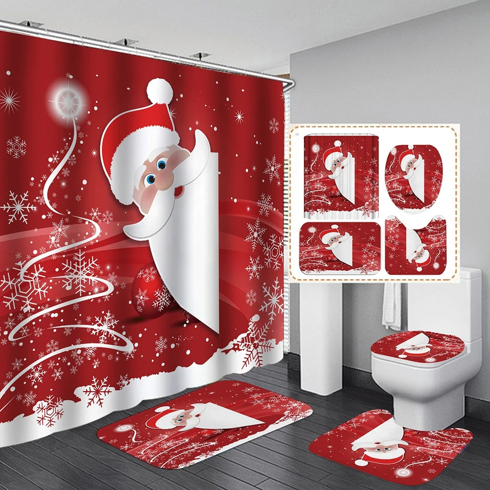 4PCS Bathroom Shower Curtain Set Christmas Snowman Santa Claus Printed Waterproof Shower Curtain Toilet Cover Mat Non Slip Rugs