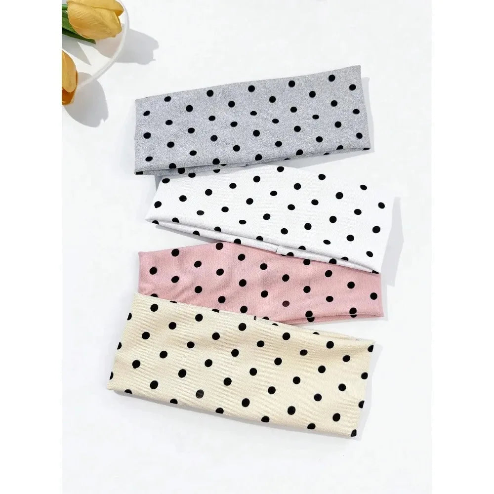 4pcs/set Ladies Polka Dot Print Wide-Edge Elastic Hair Band Face Makeup Sports Headband Stylish Hair Accessory for Women