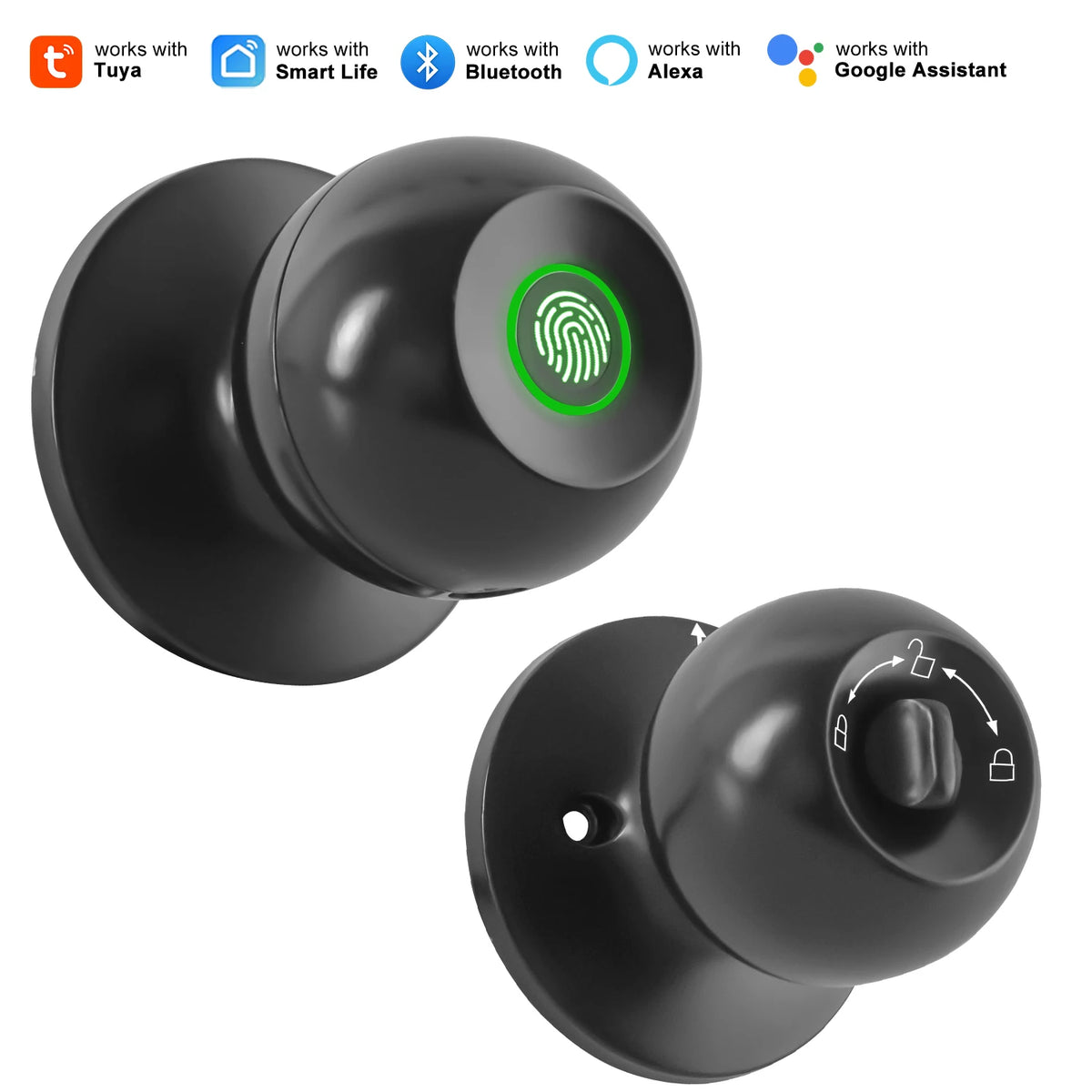 YFK Smart Door Lock Knob Fingerprint Unlock Keyless Entry Tuya App Control Matte Black Front Door Bedroom Home Security