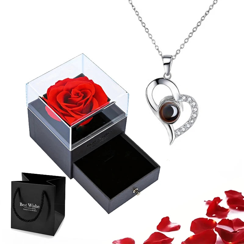 Projection Necklace Set With Rose Gift Box 100 Languages I Love You Heart Pendant Jewelry 2023 Hot Sale Accessories Dropshipping
