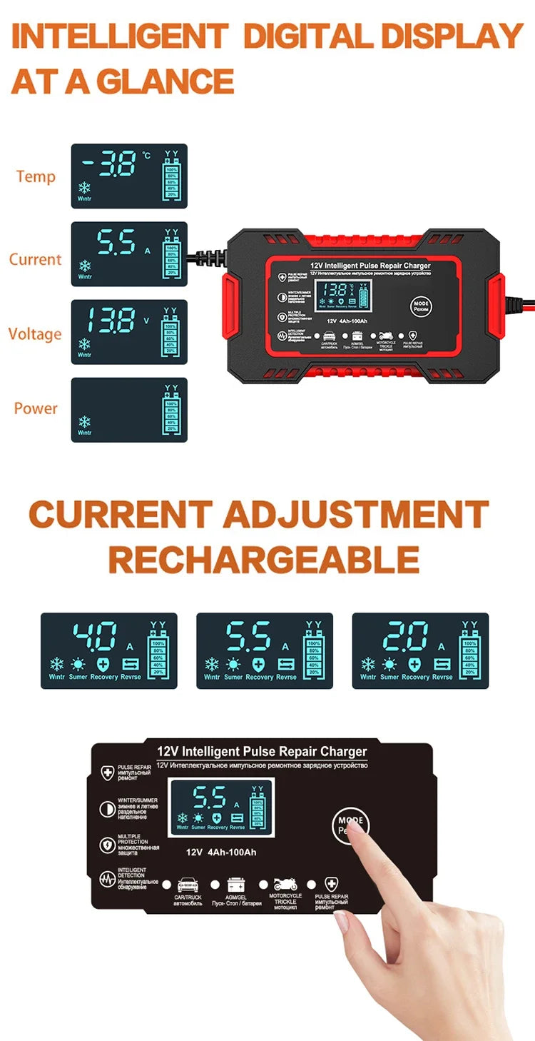 12V 6A Full Automatic Car Battery Charger Power Pulse Repair Chargers Wet Dry Lead Acid Battery Chargers Digital LCD Display