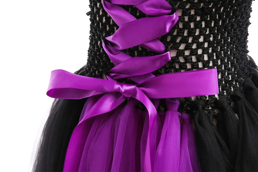 Maleficent Neck Dress Girls Halloween Theme Cosplay Costume Handmade Woven Tulle Dress Evil Role Playing Outfits Luxury Gown