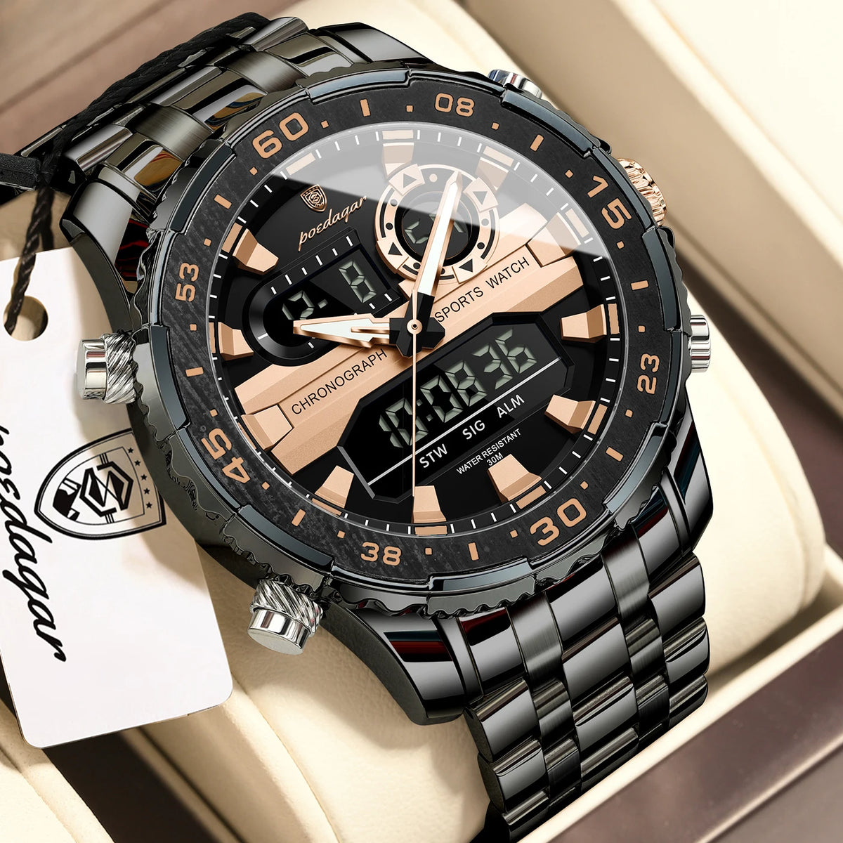 POEDAGAR Functional Electronic Man Wristwatch Week Date LED Luminous Oversized Fashion Quartz Men Watch Dual Time Digital Military Men's Watches Reloj
