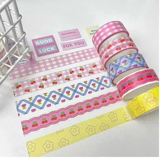 Decorative Washi Tape, Pink Cherry Grid Floral Masking Tape, Cute DIY Scrapbooking Journal Tape, Kawaii Planner Stationery Gift for Girls Women