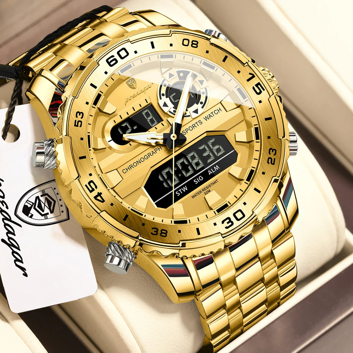 POEDAGAR Functional Electronic Man Wristwatch Week Date LED Luminous Oversized Fashion Quartz Men Watch Dual Time Digital Military Men's Watches Reloj