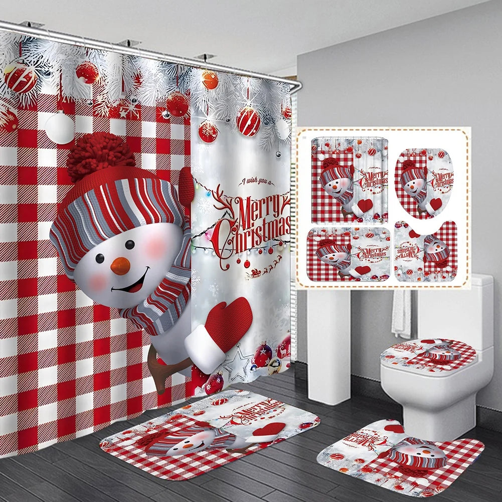 4PCS Bathroom Shower Curtain Set Christmas Snowman Santa Claus Printed Waterproof Shower Curtain Toilet Cover Mat Non Slip Rugs