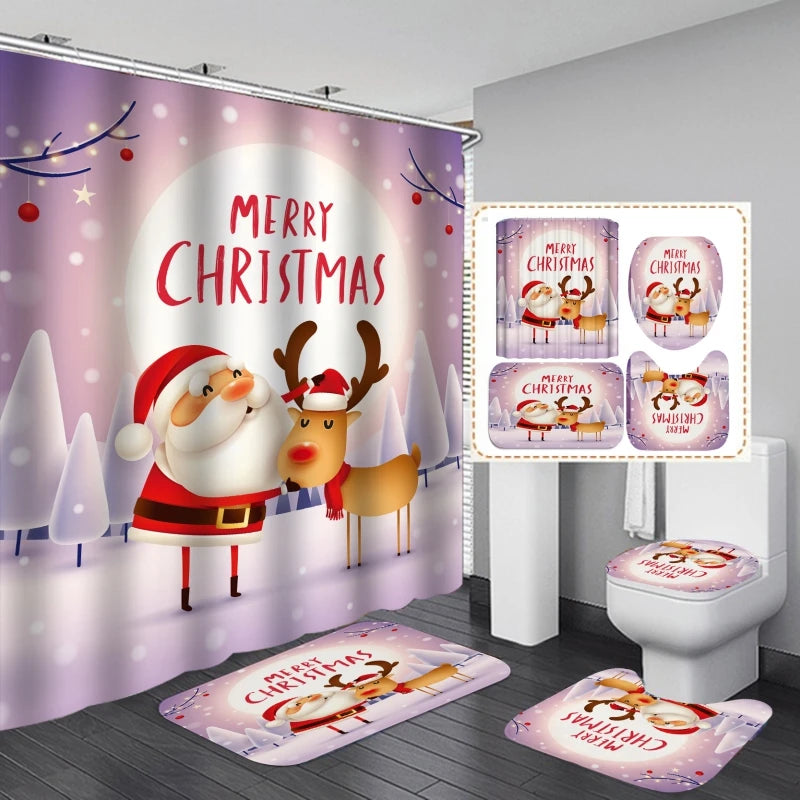 4PCS Bathroom Shower Curtain Set Christmas Snowman Santa Claus Printed Waterproof Shower Curtain Toilet Cover Mat Non Slip Rugs