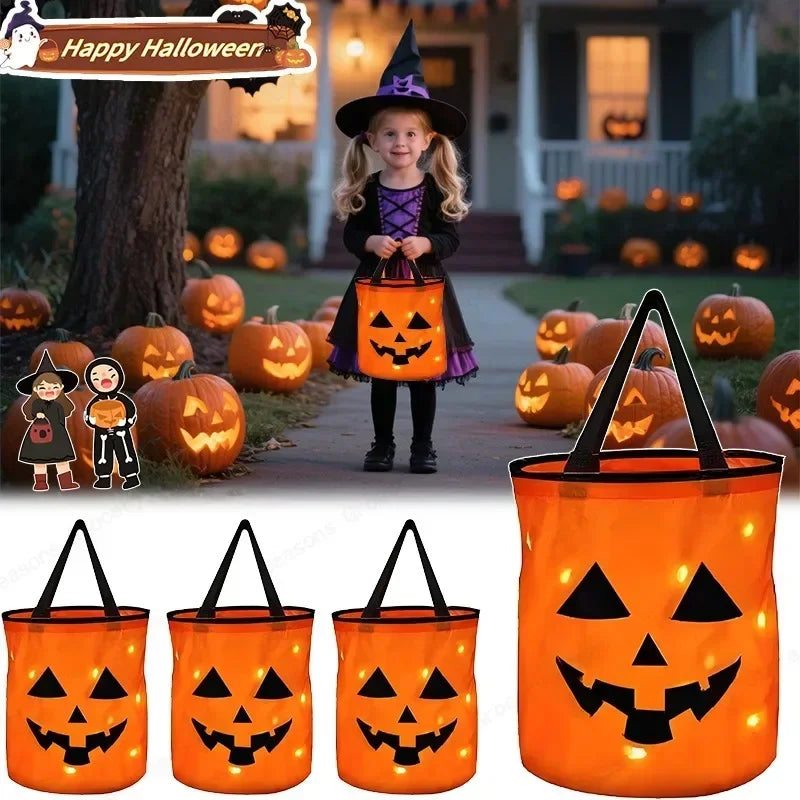 LED Glowing Pumpkin Candy Bag Reusable Halloween Christmas Treat Bag Battery Powered Light for Holiday Candy Exchange Christmas Gift