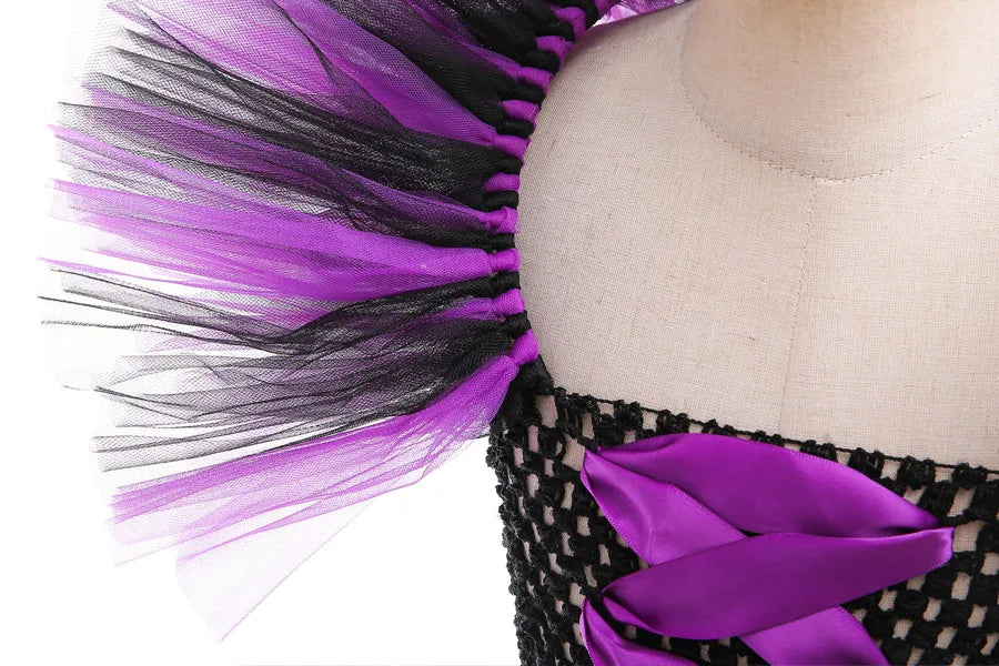 Maleficent Neck Dress Girls Halloween Theme Cosplay Costume Handmade Woven Tulle Dress Evil Role Playing Outfits Luxury Gown