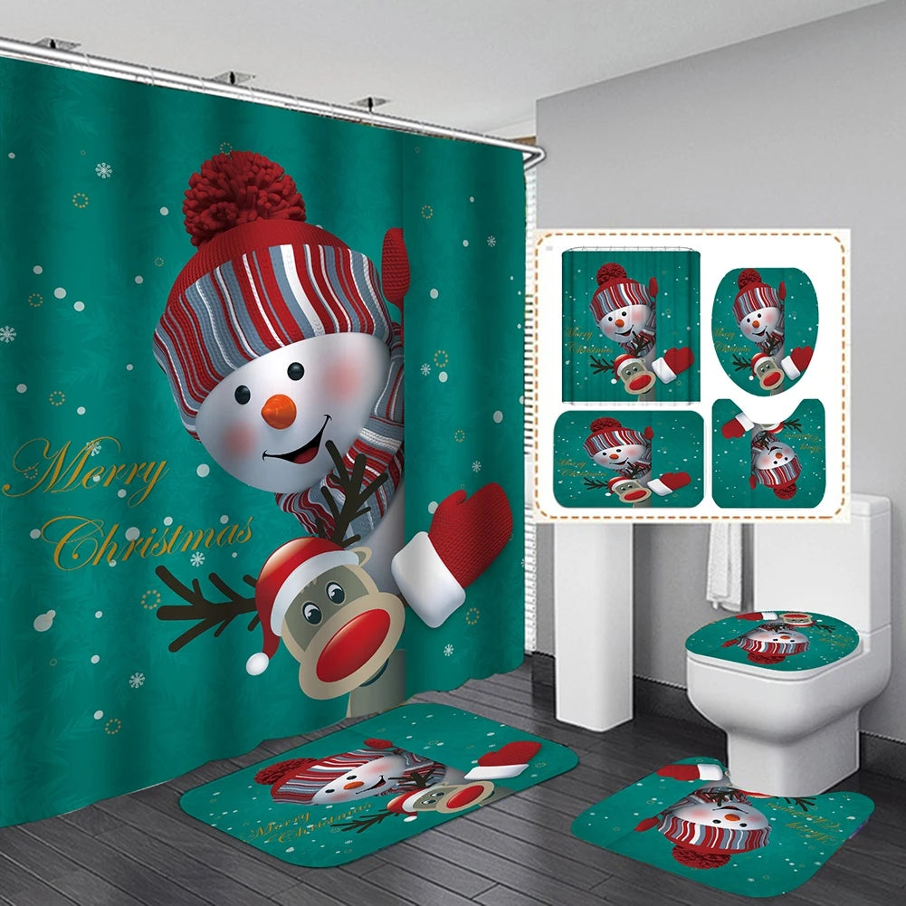 4PCS Bathroom Shower Curtain Set Christmas Snowman Santa Claus Printed Waterproof Shower Curtain Toilet Cover Mat Non Slip Rugs
