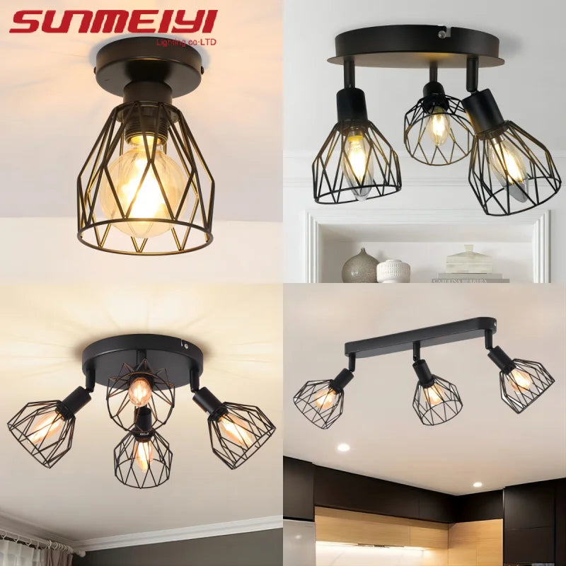 LED Ceiling Light Fixture Black Iron Farmhouse Kitchen Dining Table Hallway Bathroom Bedroom E14 Lamp holder Ceiling Light