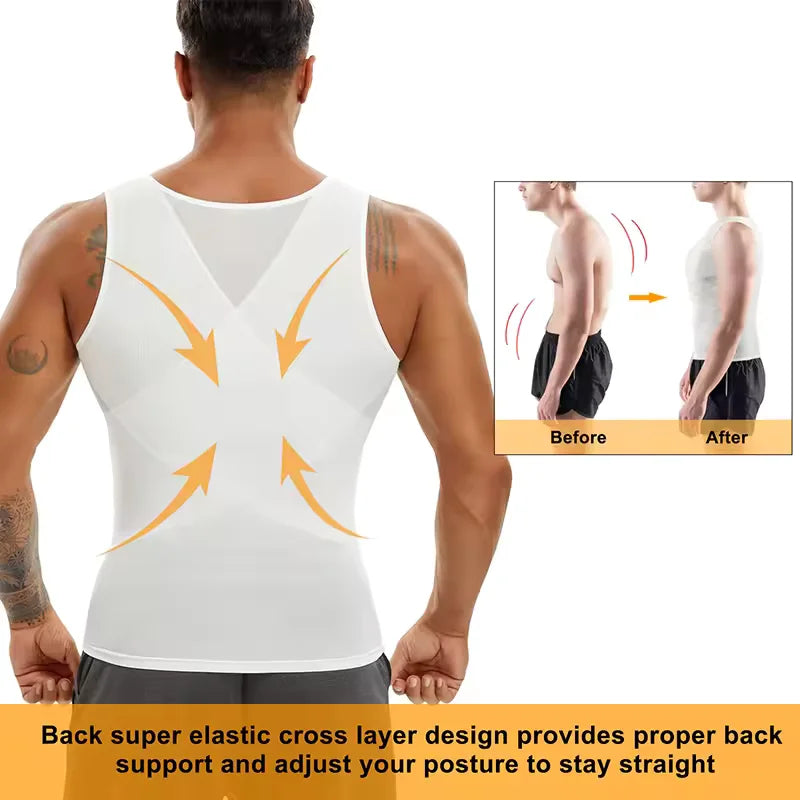 Men's Shapewear Tank Top Gynomastica Sleeveless Vest Cross Mesh SuitCompression Shirt for Men Slimming Undershirt Tummy Control Body Shaper Breathable Waist Trainer Underwear Soft Back Support Fitness