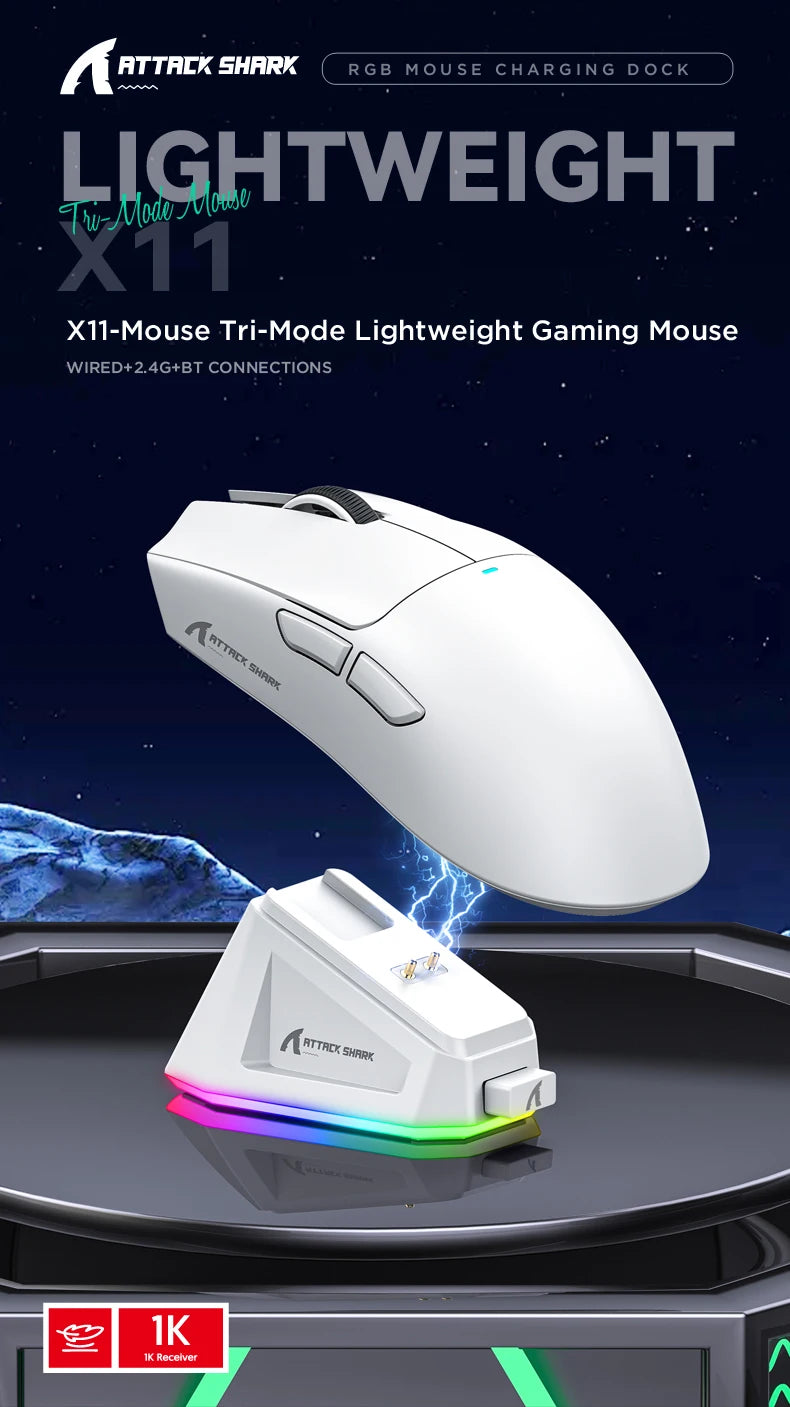 ATTACK SHARK X11 Lightweight Wireless Gaming Mouse with RGB Backlight Charging, Up to 22K DPI, PAW3311 Optical Sensor, HUYU Swit