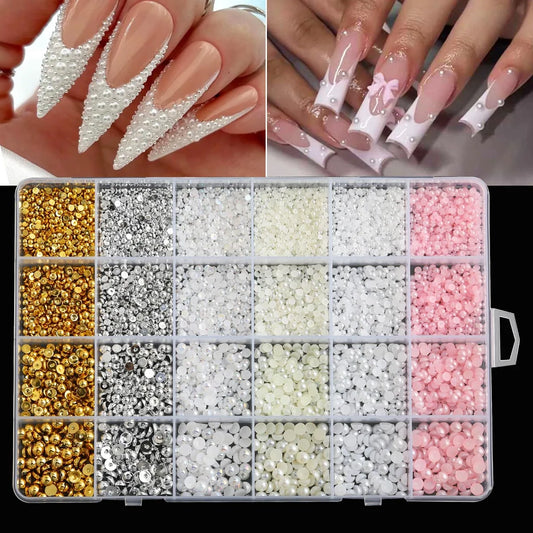 24 Grid Semi-circle Flat Bottom Imitation Pearl Nail Decoration Size White Gold Silver Beige Pink Multiple Color Mix DIY Nail