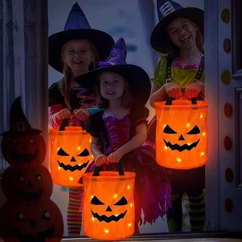 LED Glowing Pumpkin Candy Bag Reusable Halloween Christmas Treat Bag Battery Powered Light for Holiday Candy Exchange Christmas Gift