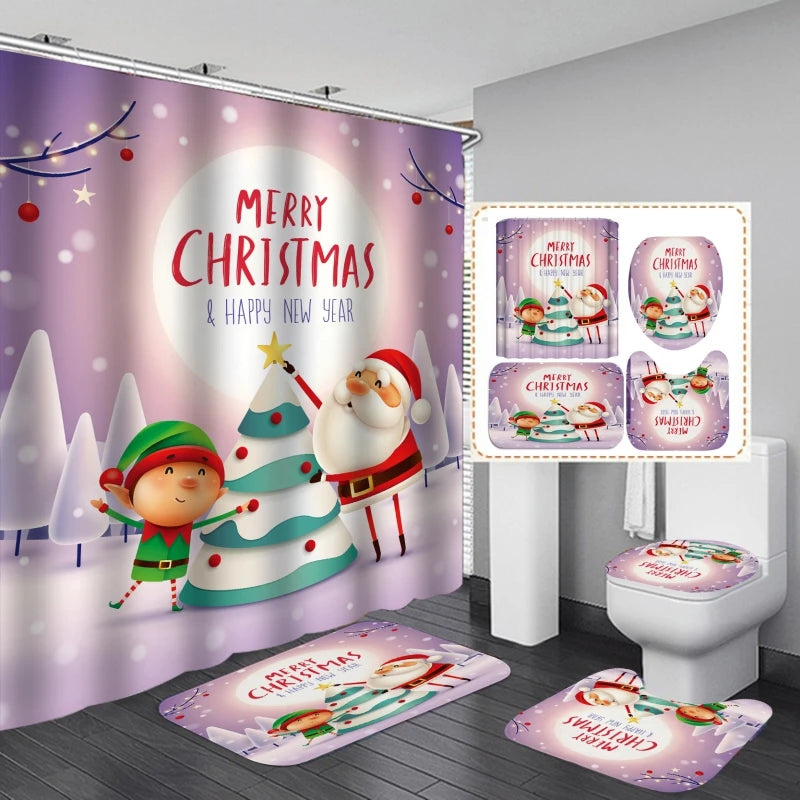 4PCS Bathroom Shower Curtain Set Christmas Snowman Santa Claus Printed Waterproof Shower Curtain Toilet Cover Mat Non Slip Rugs