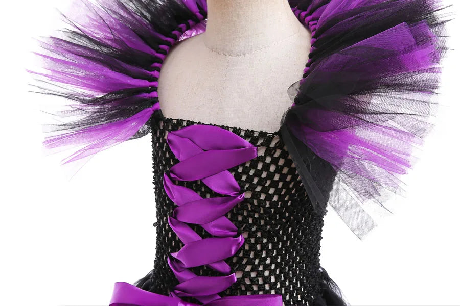Maleficent Neck Dress Girls Halloween Theme Cosplay Costume Handmade Woven Tulle Dress Evil Role Playing Outfits Luxury Gown