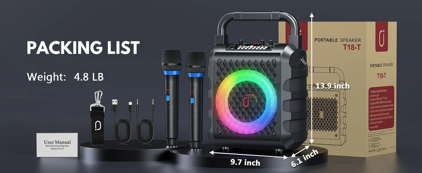Bluetooth Karaoke Machine, Home Karaoke System with 2 Wireless Microphone, Portable Party Speaker with LED Light
