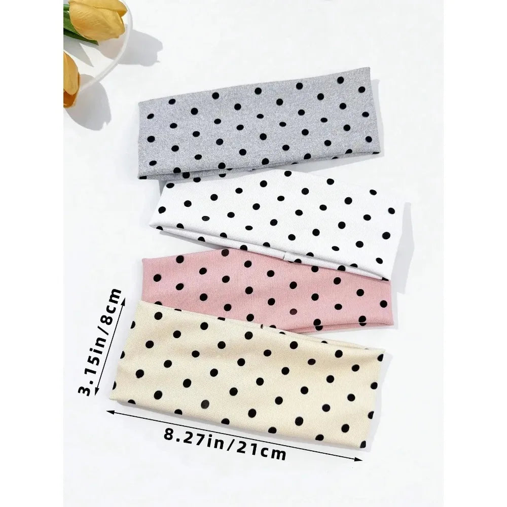 4pcs/set Ladies Polka Dot Print Wide-Edge Elastic Hair Band Face Makeup Sports Headband Stylish Hair Accessory for Women
