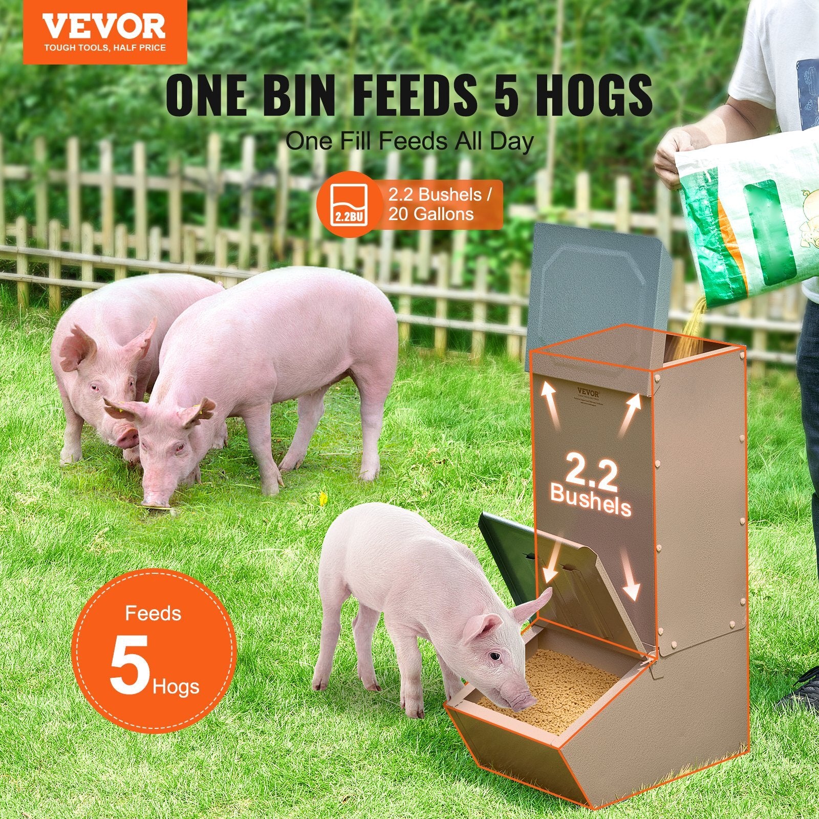 Hog Feeder, 2.2 Bushel Capacity, Single Door Pig Feeder, Heavy Duty Steel Piglets Feeder, Multipurpose Trough Creep Feeder, Outdoor Livestock Feeder Farm Accessory for Feeding up to 5 Hogs - American Smart