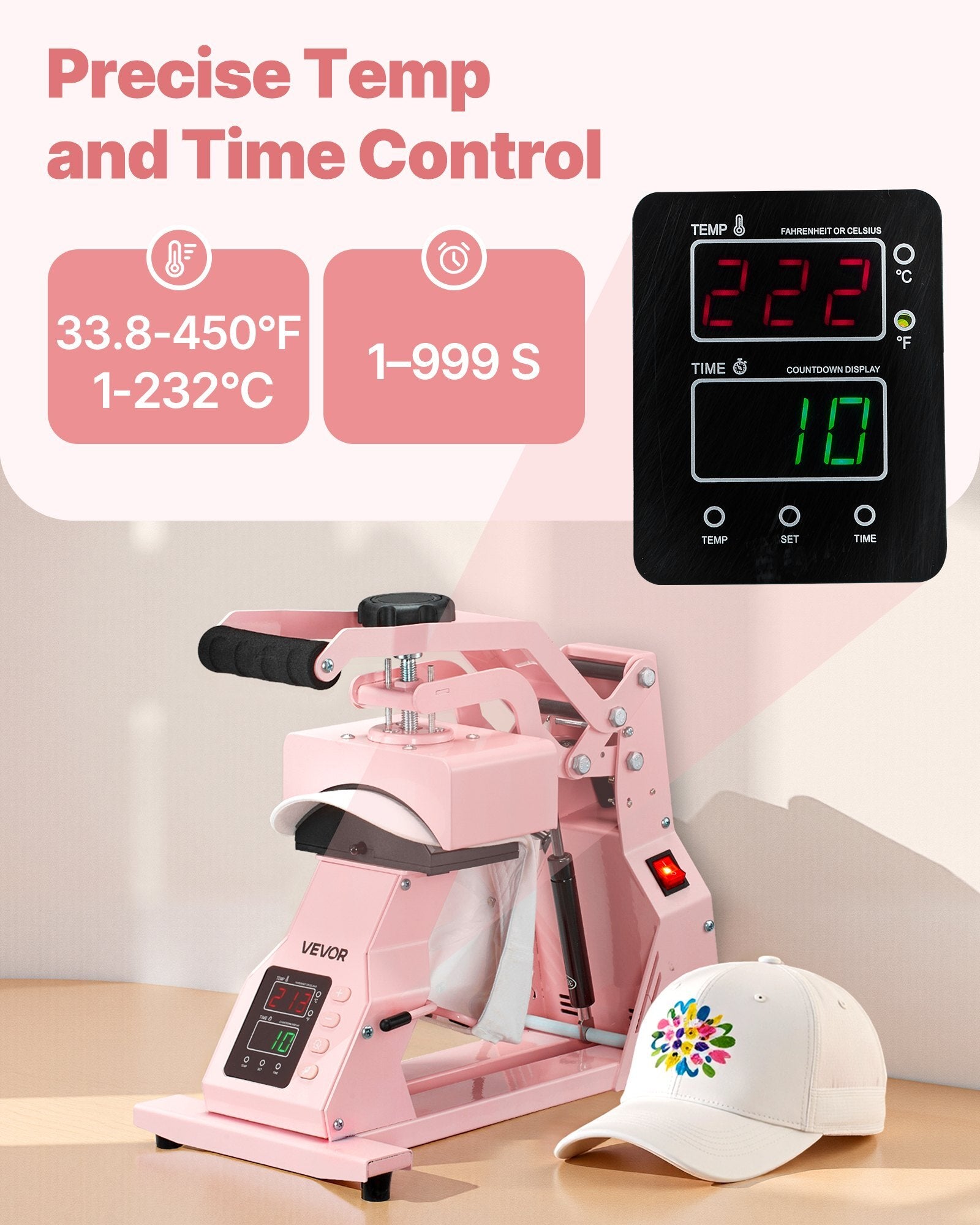 Hat Heat Press Machine, with 4pcs Interchangeable Platens, Precise Temperature and Time Control, Hat Press for HTV Iron On and Sublimation Projects, for Caps, Headbands, Cuffs, Face Masks, Pink - American Smart