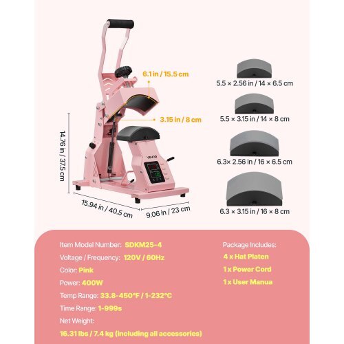 Hat Heat Press Machine, with 4pcs Interchangeable Platens, Precise Temperature and Time Control, Hat Press for HTV Iron On and Sublimation Projects, for Caps, Headbands, Cuffs, Face Masks, Pink - American Smart