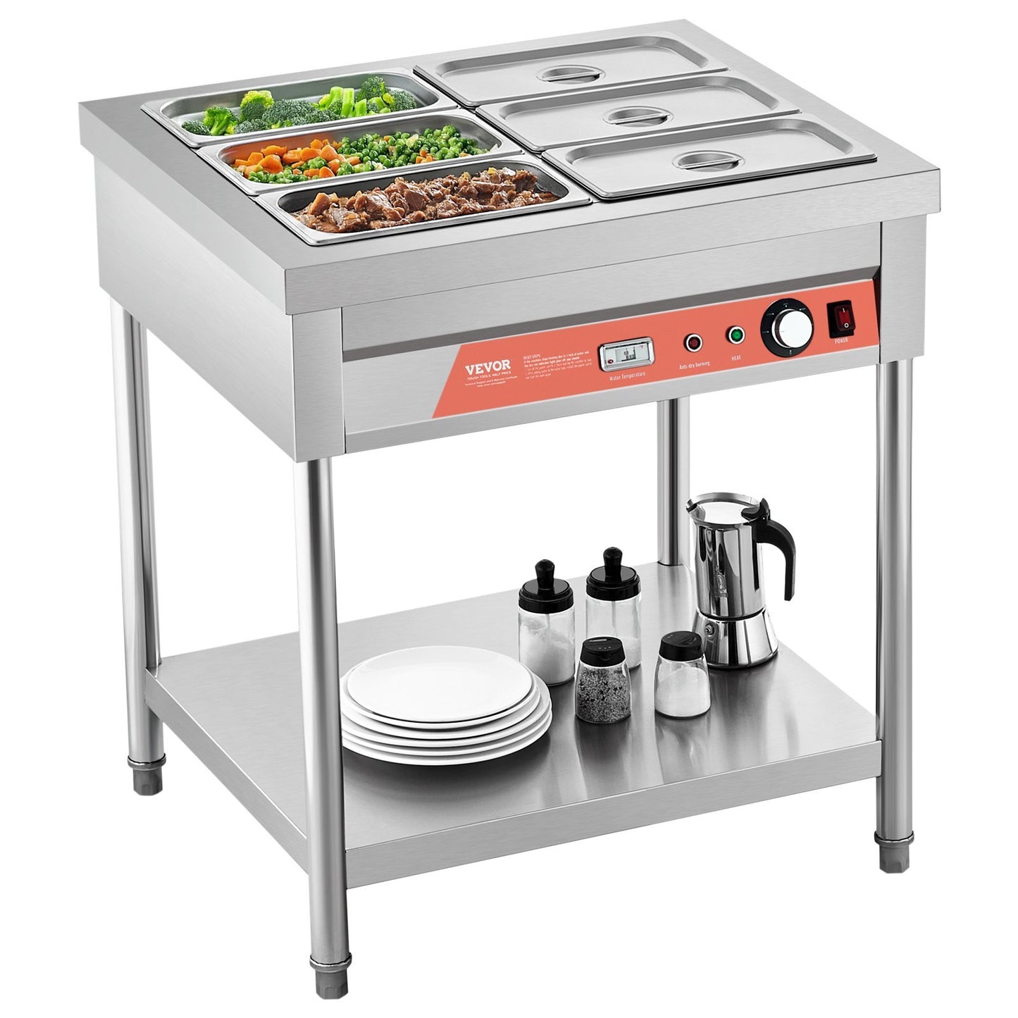 6-Pan Commercial Food Warmer, 6 x 1/3 Pans Electric Steam Table, 1500W Professional Buffet Catering Food Warmer with Undershelf, Stainless Steel Server for Restaurant Party Hotel - American Smart