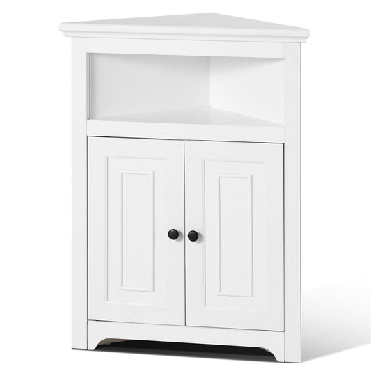 32" Corner Storage Cabinet, 3 Tiers Small Storage Cabinet with 2 Wooden Doors & Adjustable Shelves, Freestanding Corner Kitchen Cabinet for Living Room, Kitchen, Laundry Room, Bathroom, White - American Smart