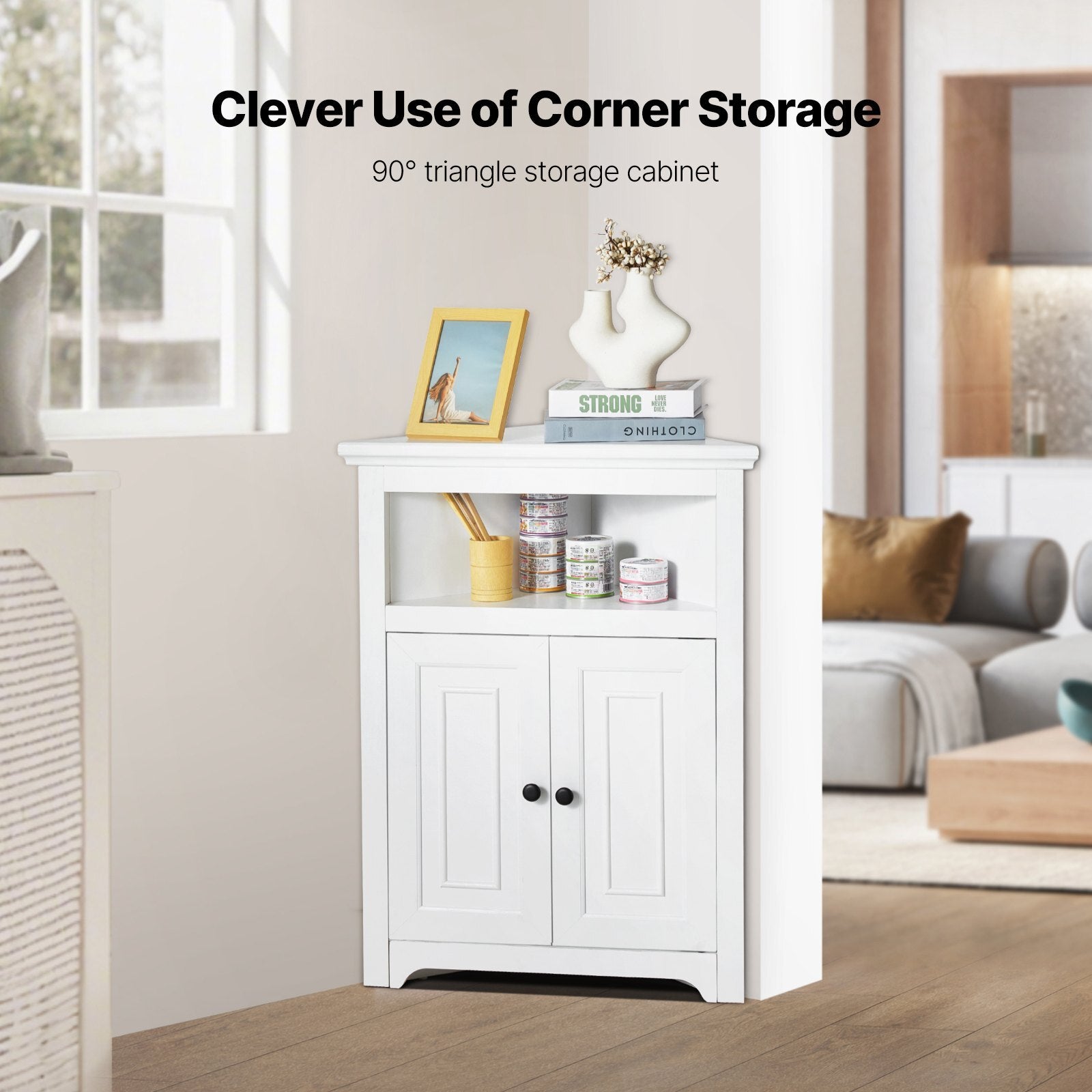 32" Corner Storage Cabinet, 3 Tiers Small Storage Cabinet with 2 Wooden Doors & Adjustable Shelves, Freestanding Corner Kitchen Cabinet for Living Room, Kitchen, Laundry Room, Bathroom, White - American Smart