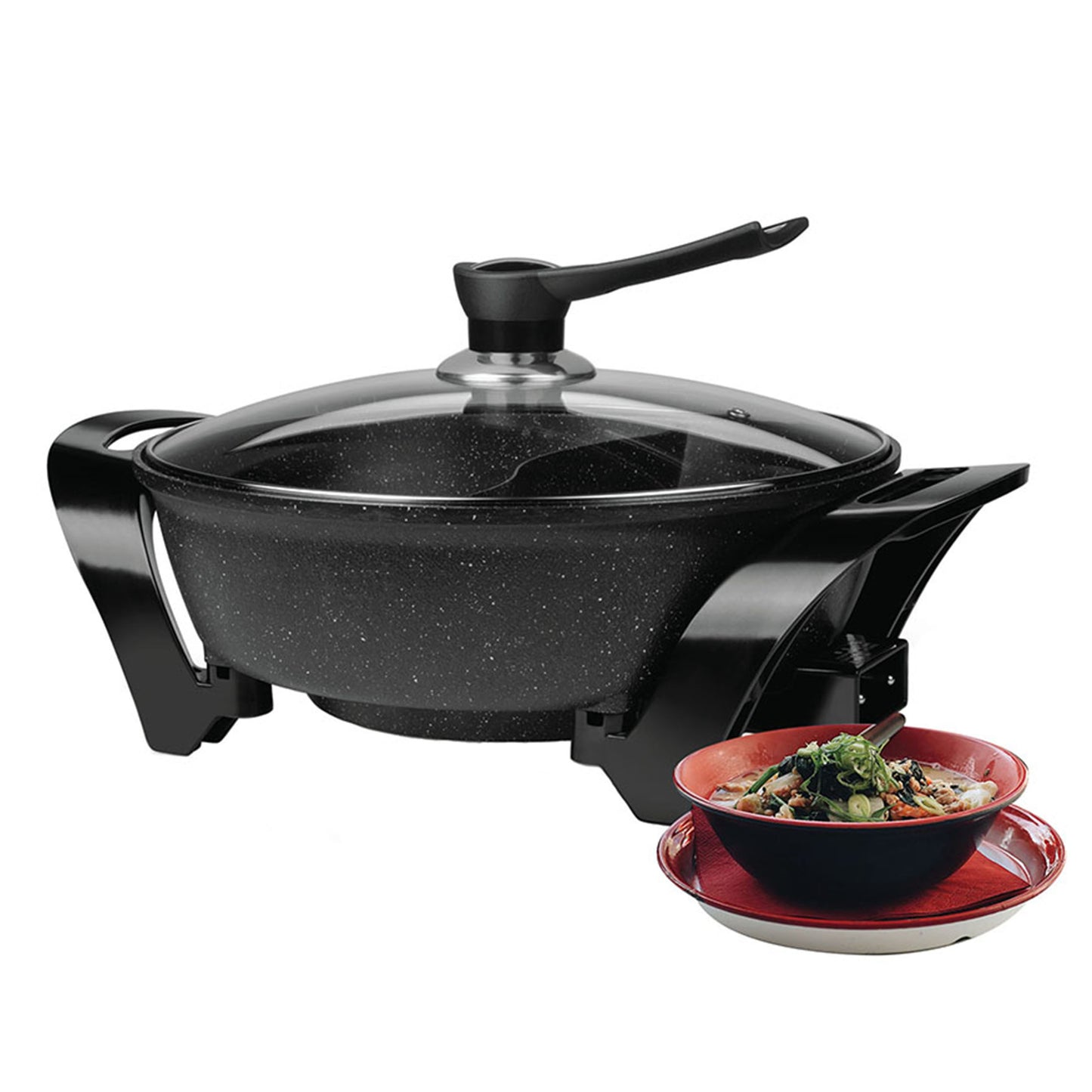 Brentwood 6-quart electric shabu shabu pot with non-stick surface and divider in black, ideal for Asian hot pot meals.
