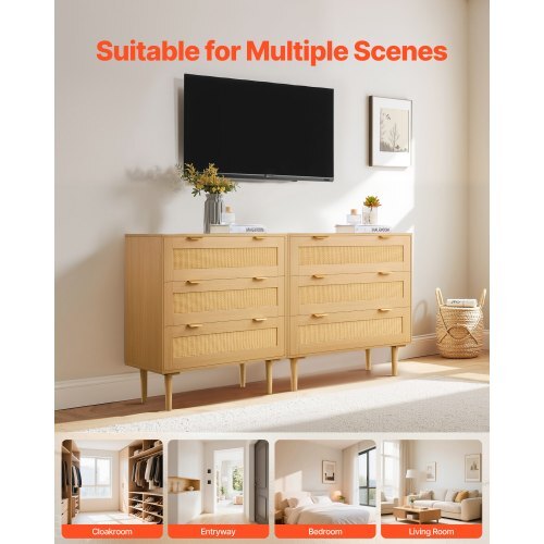 3 Drawer Rattan Dresser, Modern Closet Dresser for Bedroom, Natural Rattan Chest of Drawers with Metal Handles & Wooden Legs, Chest Clothing Organizer & Storage for Bedroom, Living Room, Hallway