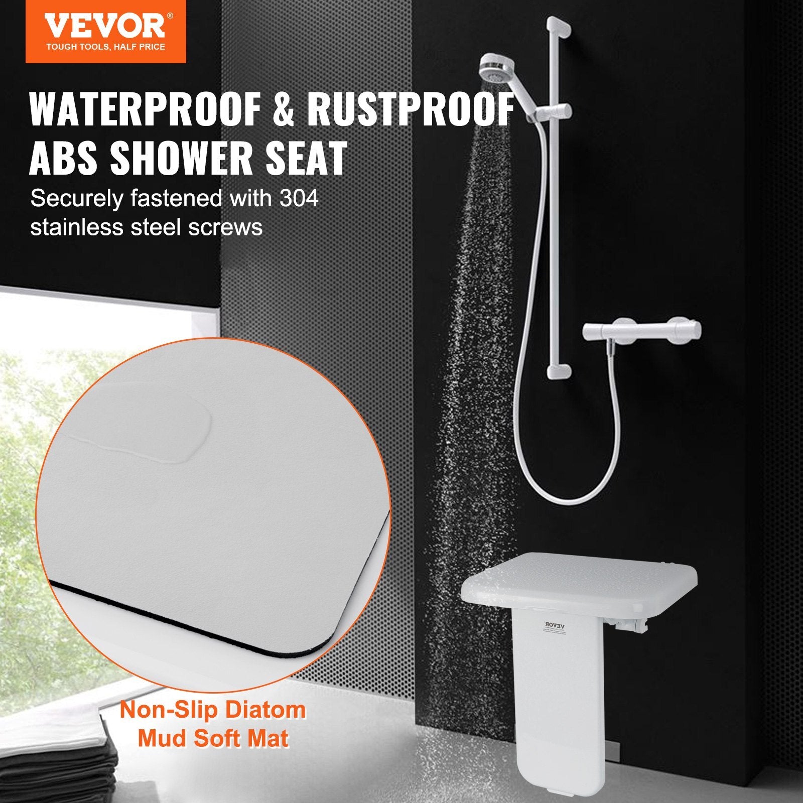 Folding ABS Shower Seat, 15.7'' x 16.7'' Unfolded, Wall Mounted Fold Up Shower Bench with 440 lbs Load Capacity, Space Saving Fold Down Shower Chair for Seniors Pregnant Women Children Adults - American Smart