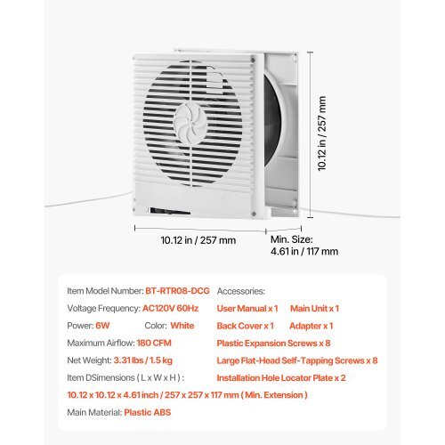 7.5-Inch Room to Room Fan, Through Wall Fan with AC Motor & Bi-directional Adjustable Wind, 180 CFM Ventilation Quiet Exhaust Vent for Kitchen, Living & Laundry Room, Workshop