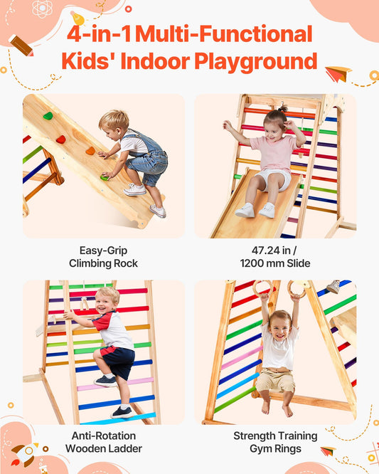 Indoor Playground Jungle Gym, 4-in-1 Wooden Indoor Playground Playset with Climbing Rock, Slide, Wooden Ladder & Gym Rings, Montessori Style Playground Climbing Toys for Boys Girls, 220LBS