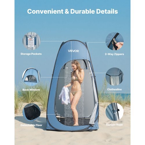 Pop up Shower Tent, Instant Portable Privacy Tent Changing Room with Shower Bag, Ground Stakes, Ropes, Carry Bag, 190T Polyester with Silver Coating, Quick Setup, for Camping, Beach, Fishing - American Smart